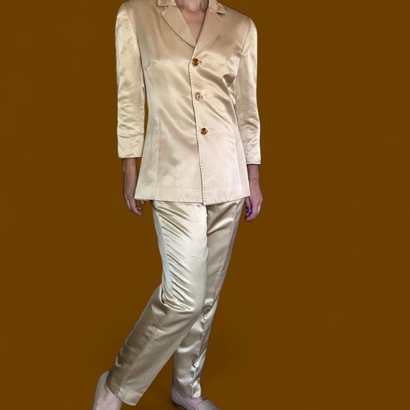Y2K champagne silk blend suit, quiet luxury vintage workwear set, size 4, 8, med - Picture 1 of 8